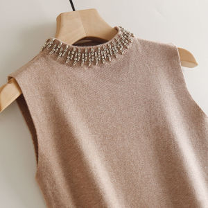 Sleeveless Knitted Tanks for Women Korean Style Solid Color Female Vest Vintage Beaded Casual Loose Plus Size Lady Tops
