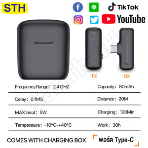 SanThaiH ไมค์บลูทูธ ไมค์บลูทูธ ไลฟ์ ไมค์หนีบปกเสื้อ พร้อมเคสชาร์จ ไมโครโฟนไร้สายแบบพกพาสําหรับ Lightning/Type-C ไมค์ไร้สายหนีบเสื้อ Wireless Microphone