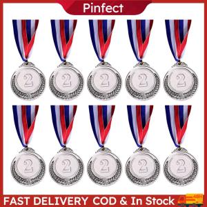 10Pcs Silver Award Medals with Neck Ribbon Winner Medals for Sports Competitions