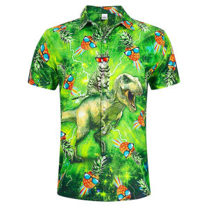 SHUNAICHI  Funny Cat Dinosaur Pattern Hawalian Shirt Men Clover 3D Printed Aloha Shirts Casual Short Sleeve Tropical Holiday Lapel Blouses