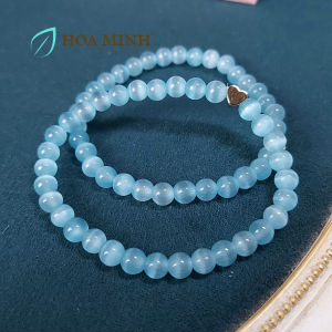 Vòng tay phong thủy đá Mắt Mèo size hạt 5.8 li phối charm trái tim vàng xi xinh xắn | Hoa Minh Gem
