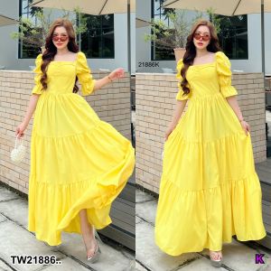 TW21886 เดรสยาวแขนพอง ทรงระบาย กระโปรงชั้นๆ หลังสม้อค ..