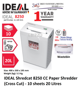 IDEAL Shredcat 8250 CC Paper Shredder (Cross Cut) - 10 sheets 20 Litres (Mesin Penghancur Kertas) 8250C 8250CC Mesin Penghancur Kertas Mesin Perincih