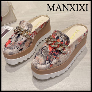 MANXIXI Fashion Women Beautiful Flowers Pattern Gold Chain 2.75 Inches Wedge Mules Sandals (Size 35-42)