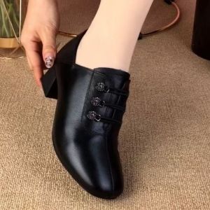 [Free Shipping] Deep-Toe WomenS Shoes Spring And Autumn Collection Chunky Heel Loafers New Spring Styles Soft Leather Mid-Heel Versatile Autumn Shoes