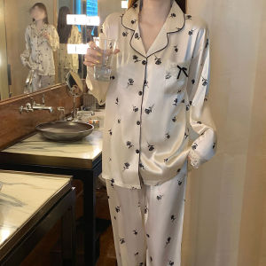 New High-end Black Rose Lace Sweet Long-sleeved Ice Silk Pajamas Womens Autumn Loungewear Satin Silk Pajamas for Women Lingerie