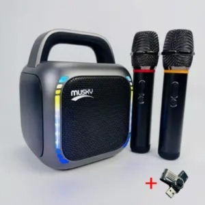 MS6 Portable Bluetooth Speaker with Carry Handle Dual Wireless Microphones Rechargeable Battery