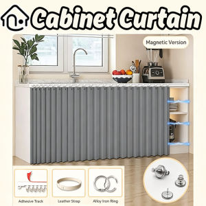 Kitchen Under Sink Cabinet Magnetic Curtain No Drill Waterproof Folding Sliding Track Storage Cover