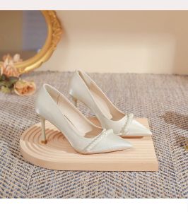 3.2inch pointed heels Cream Satin Stiletto Heels Pearl Accent Thin Heel Bridal Wedding heels