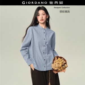 GIORDANO Women Shirts 100% Cotton Plaid Loose Shirts Scalloped Placket Long Sleeve Fashionable Casual Shirts 18346723