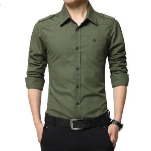 2026 Mens Epaulette Shirt Fashion Full Sleeve Epaulet Shirt Military Style 100% Cotton Army Green Shirts with Epaulets2026