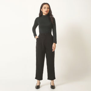 KLEOVA | Jean Celana Wanita Bahan Kain - Ankle Pants Trousers - Kantor Formal/Casual - Pinggang Karet Elastis Jumbo - Angkle Pants - Celana Kerja Panjang Hitam Kancing
