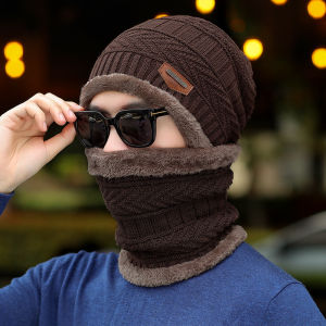 【Local Delivery】2 Pcs Winter Beanie Hat Scarf Set Warm Knit Hat Thick Fleece Lined Winter Cap Scarves for Men and Women