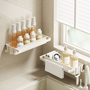 Wall-Mounted Kitchen Sink Storage Rack – No Drill Organizer Shelf with Hooks & Towel Bar for Dish Soap Sponge Brush