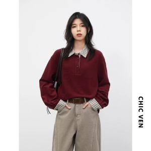 CHIC VEN Women T-Shirts Loose Casual New Color Block Plaid Splicing Long Sleeved Tees Red Collar Female Top Spring Autumn 20262026