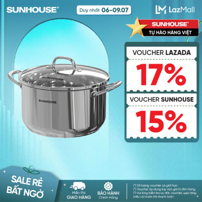 Nồi Inox 3 đáy SUNHOUSE SHG301-16 -20 -24 -28cm- vung kính cường lực viền inox siêu bền -Tay cầm và núm vung inox chắc chắn-  Phù hợp với mọi loại bếp - Hàng chính hãng