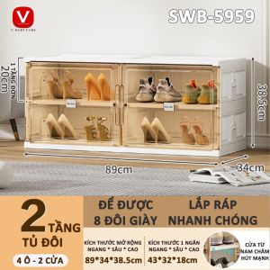 Tủ nhựa đựng giày dép đôi SWB - ngang 89cm thông minh gấp gọn tiện lợi cửa trong suốt chất liệu nhựa ABS cao cấp  - mẫu new 2024
