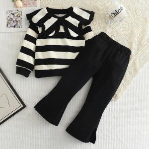 Bear Leader Korean Version Spring Casual Clothes Sets for Baby Girls Autumn New Lace Lapel Collar Striped Print Sweatshirt Top + Pants 2-piece Suit 3-7 Years Long Sleeved Kids Clothes Christmas Outwear