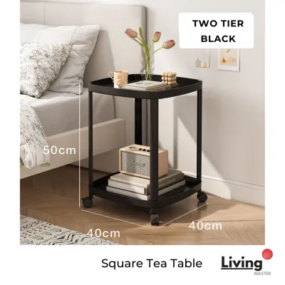 Tea Table Movable Table Square Sofa Side Table 2 Tier Storage Coffee table with Wheels Movable Modern