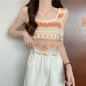 Retro Crochet Embroidery Pattern Knitted Tank Top Sleeveless Vest Summer Fashion Short Top