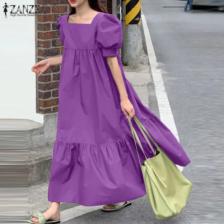 ZANZEA Korean Style Women New Fashion Square Neck Dresses Short Sleeve  A-Line Solid Color Long Dress #0303 | Lazada PH