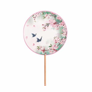 MISSUP Silk Material Chinese Round Hand Fan Long Handle Embroidery Design Vintage Printing Silk Fan Chinese Style Ink Painting Ancient Tassel Dance Fan Dance Performance