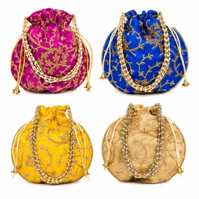 Multicolor Rajasthani Embroidered Silk Potli Bag with Bead Work | Ethnic Bridal Clutch for Women & Girls (1 Pc)
