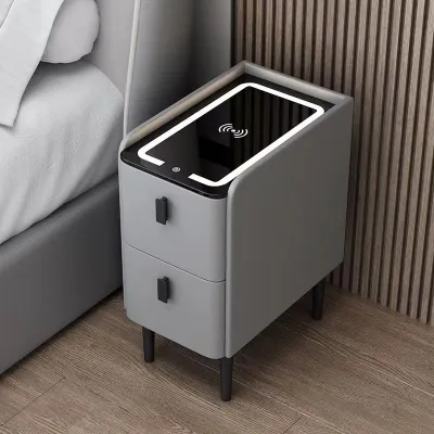 Dual drawer intelligent multifunctional fingerprint lock solid wood bedside table with wireless charger