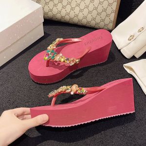 Womens Summer Trendy New Colored Diamond Herringbone Slippers Fashion Wedge Sandals