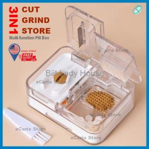 (READY STOCK) Pill Cutter Medicine Grinder Tablet Splitter Crusher Pemotong Ubat Pil Box Organizer Moisture-Proof Case Supplement Storage Container
