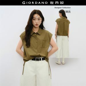 Giordano Women Double pockets drawstring hem shirt Free Shipping 18346319
