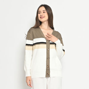 QUEENTIN Cardigan Casual Wanita 212 Rajut Knit Strecth Multi Colour Striped Lengan Panjang