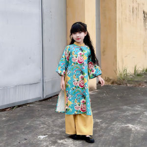 Áo Dài Tết Truyền Thống Hoạ Tiết Chăn Con Công Màu Xanh Ngoc Hàng Thiết Kế Cao Cấp Cho Mẹ Và Bé Gái Sơ Sinh đến Big size 6-60kg