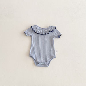 2026 Summer Cute Baby Bodysuit Ruffle Collar One Piece Clothes For 3M-2T Girls Pink Puff Sleeve Infant Clothing2026