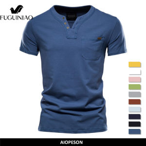 FUGUINIAO Summer Top Quality Cotton T Shirt Men Solid Color Design V-neck T-shirt Casual Classic Mens Clothing Tops Tee Shirt Men