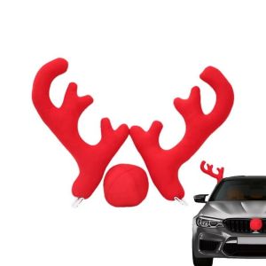 TUO29 Cartoon Christmas Auto Exterior Decor Red Nose Creative Car Reindeer Antler Kit Universal Deer Horn Cute Christmas Car Decorations Auto Accessories