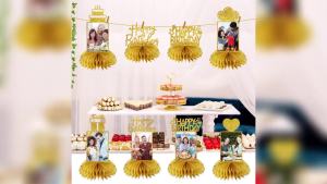 8Pcs Honeycomb Birthday Decorations - Gold Glitter Centerpieces for Women & Men Happy Birthday Photo Table Toppers 16th-60th Bday