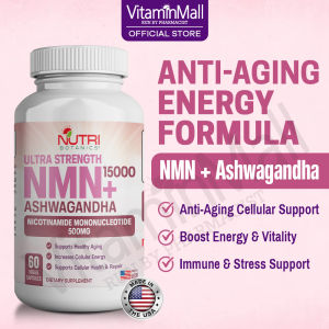 Nutri Botanics NMN+ 15000 Ashwagandha Anti Aging Supplement - Increase Cellular Energy for Health