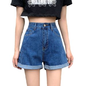 YOUYO Women Summer Waist Denim Shorts Classic Vintage Wide Leg A-Line Casual Jeans Rolled Hem Loose Short Pants with Poc