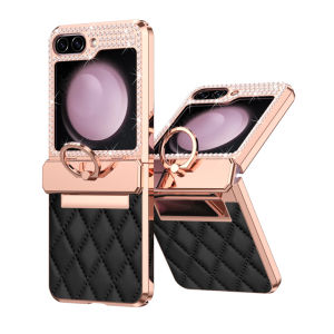 Shockproof Ring Protective Case for Samsung Galaxy Z Flip 6 5 4 3 5G Leather Plating Glitter Bling Diamond Hinge Phone Cover