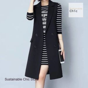 Sleeveless vest jacket womens spring and autumn new long fashion vest wearing Korean version of plus size black suit vest.2026