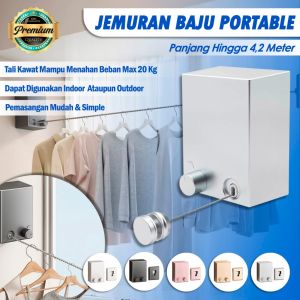 ELINK Jemuran Baju Portable Tali Jemuran Kawat Indoor Outdoor – Gantungan Baju Tali Kawat 42 Meter Retractable Clothesline Jemuran Pakaian Gantungan Baju Dinding