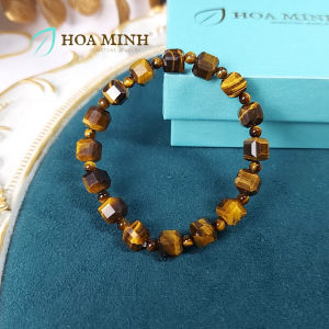Vòng tay đá Mắt Hổ vàng nâu hạt vuông cắt giác size 8.4 li xen kẽ hạt cườm/hạt tròn phong thủy may mắn thịnh vượng | Hoa Minh Gem