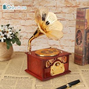 [Chinatera] ​Vintage Elegant Exquisite Antique Wooden Metal Phonograph Hand Crank Music Box Creative Birthday Gifts Home Classic Ornament Decor Crafts