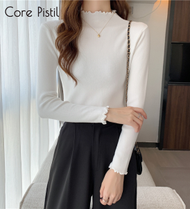 Core Korean Half Turtleneck Ruffle Edge Bottoming Shirt Womens Autumn Knitted Sweater Top