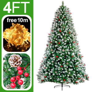 Snow Flocked Christmas Tree 3FT 4FT 5FT 6FT with Pine Cones Red Berries 10M LED Fairy Light for Home Christmas Decoration