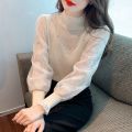 NOWNICE Ren rỗng Áo dài tay Thanh lịch Áo cổ lọ nửa Áo len cơ bản Thời trang Áo sơ mi Phụ nữ. 