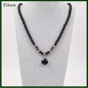 Fitow Black Beads With Square Pendant Necklace For Men Trendy Accessories Jewelry Male Gift Decoration