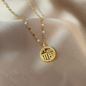 BESFOME Womens Gold Plated Thin Bead Chain Necklace 18K Titanium Steel Fu Pendant Light Luxury Fashion Full Diamond Necklace Women []