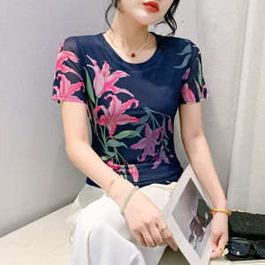 Yimei Châu Âu cỡ lỡn 2024 Mùa Hè Mới Thanh Lịch In Lưới Lụa băng Áo Thun Tay Ngắn Cho Phụ Nữ ôm vừa áo cổ tròn